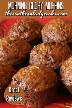 muffins on a red plate with the words morning glory muffins