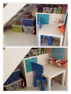 there are two pictures of a child's desk and chair