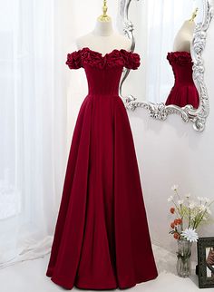 Product Style:  #A2SA Material: Satin Color: Wine Red Built in Bra: Yes Hemline: Floor Length Back Detail: Lace-up Delivery times: Processing time:    2-3 weeks Shipping time:       3-5 working days Rush order service is available, if you need rush order, please visit: Rush Order ，rush order fee is $20. Custom Size: For custom size, please give us the correct measurements in the order notes when you check out, and please have a look our measuring guide at first. There is no extra payment for cus Red Off The Shoulder Prom Dress, Maroon Ball Gowns, Prom Dress Burgundy, Burgundy Evening Dress, Long Formal Dress, Satin Evening Dresses, Dream Dresses, Dress Classy, Custom Size Dresses