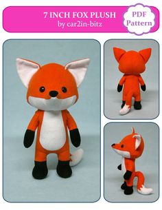 an orange stuffed animal with black feet and tail, sitting in four different stages to make it look like a fox