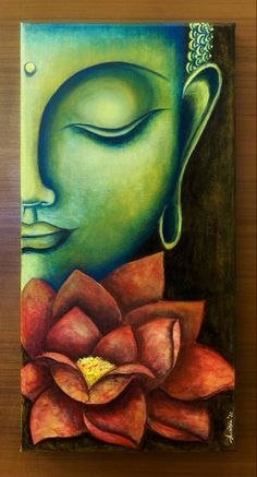 a painting of a buddha face with a flower in front of it