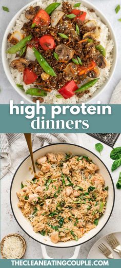 Two Photos: Ground Beef stir fry on a bed of white rice on a plate and An overhead shot of chicken orzo in a dutch oven with parsley and parmesan on the side in small bowls with the words "high protein dinners" in the foreground.