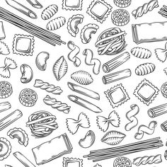 a bunch of different types of pasta in black and white ink on a white background