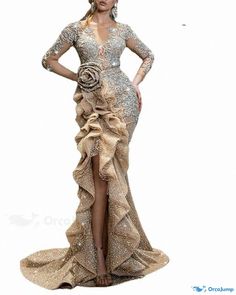 Orcajump - Exquisite long-sleeved evening gown with a sophisticated gold finish and alluring train Long Sleeve Evening Gowns, Wedding Dress Styles, Dress Styles, Deep V Neck, Evening Gown, Gold Finish, Evening Gowns, Wedding Dresses, Train