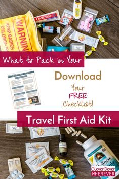 what to pack in your travel first aid kit on a wooden table with text overlay