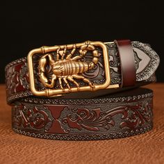 28% OFF GENUINE LEATHER LUXURY WAIST STRAP BELTS FOR JEANS WITH SCORPION BUCKLE: IT'S TOO GOOD TO MISS We've got a steal of a deal that you can't pass on. Get our popular Genuine Leather Luxury Waist Strap Belts for Jeans with Scorpion Buckle for a limited-time price of just US $30.20! Find your favorite Natural material from us and enjoy: Superior quality and craftsmanship A price that you won't see again (this sale won't be forever) First-class customer service from a team ready to help What m Luxury Leather Men's Belt Buckles, Scorpion Pattern, Cool Belt, Western Leather, Jeans Casual, Unique Bags, Brown Belt, Genuine Leather Belt, Watch Collection