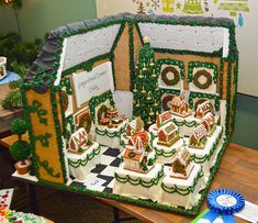 an elaborate gingerbread house is on display