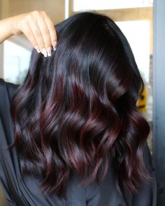 Maroon Hair Highlights For Black Hair, Mahogany And Black Hair, Dark Red Hair Color Burgundy Wine Highlights, Wine Colour Hair Highlights, Wine Colored Hair Balayage, Black With Red Balayage, Plum Highlights On Black Hair, Maroon Balayage On Black Hair, Black Hair With Mahogany Highlights