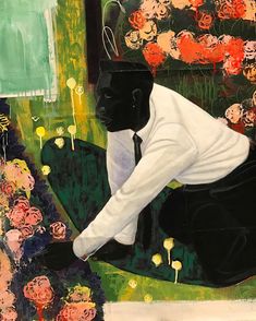 a painting of a man kneeling down in front of flowers