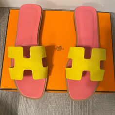 Brand New, Comes With Box & Dustbag Luxury Yellow Sandals For Summer, Designer Yellow Sandals For Beach, Designer Yellow Sandals For The Beach, Designer Yellow Leather Sandals, Hermes Boots, Hermes Oran Sandals, Buckle Booties, Block Sandals, Ballerina Shoes Flats