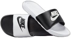 Sporty Slip-on Slides For Sports, Casual Sports Slides Slip-on, Casual Slip-on Sports Slides, Sporty Breathable Slides For Sports, Breathable Black Slides For Streetwear, Breathable Sporty Slides For Sports, Sporty Slides With Round Toe And White Sole, Modern Synthetic Slides For Sports, Sporty White Breathable Slides