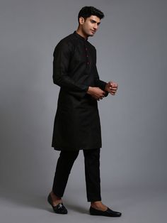 Vastramay Men's Black Kurta And Pant Set This elegant black kurta and pant set from Vastramay is the perfect blend of traditional and contemporary fashion. Ideal for various occasions, this outfit offers a comfortable fit and a sophisticated look, making it a versatile addition to your wardrobe. Features Classic black color Comfortable fit Elegant design Versatile for various occasions Specifications Kurta Length: Knee-length Neck Type: Mandarin collar Sleeve Length: Long sleeves Pant Style: Str Formal Black Cotton Kurta, Traditional Black Pants For Festive Occasions, Traditional Black Festive Pants, Festive Traditional Black Pants, Black Salwar Kameez, Black Kurta, Pant Style, Low Iron, Pant Set