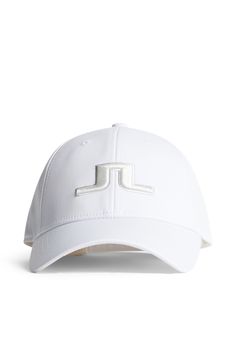 a white hat with the letter j on it's front and side panels in silver