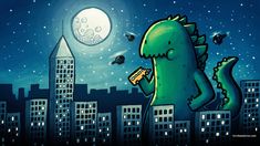 a drawing of a dinosaur eating something in front of a cityscape at night