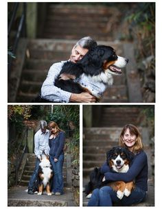 a man and woman are hugging their dogs on the steps in front of some stairs