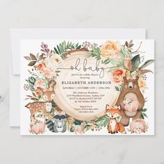 Woodland Animals Fall Pumpkin Floral Baby Shower Invitation  Zazzle Girl Woodland, Boho Baby Shower Invitations, Diy Bebe, Woodland Baby Shower Invitations, Girl 2nd Birthday, Floral Baby Shower Invitations, Invitation Baby Shower, Animal Baby Shower, Boho Baby Shower