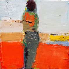 a painting of a person standing in front of an orange and white wall