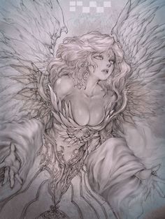 a drawing of an angel with large wings