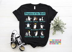 Hello and Welcome to our shop! Penguins Of The World T-shirt, Cute Penguin Fans Birthday Gift Tshirt, Funny Educational Save Penguins Spirit Animal Lover Present Types Of Penguins Tee Shirts. ✔️ Please make sure you check our size chart before you place your order.  ✔️ Feel free to send us a message if you have any questions. It is our pleasure to assist you. ✔️ This design can be printed on T-Shirts, V-Necks, Women's Racerbacks Tanks, Men's Tank Tops, Youth T-Shirts, Kids T-Shirts, Baby Onsies, Casual T-shirt With Character Print As Gift, Casual T-shirt With Character Print For Gift, Graphic Tee With Character Print As Gift, Graphic Tee T-shirt With Character Print For Gift, Novelty Black T-shirt As A Gift, Novelty Black T-shirt As Gift, Novelty Black T-shirt For Gift, Black Character Print Top As Gift, Black Tops With Character Print For Gift