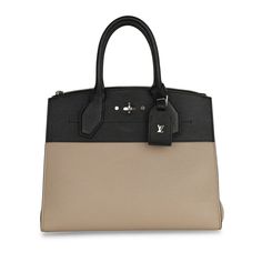 Louis Vuitton presents their ever-popular City Steamer tote. Inspired by historic House luggage by Vuitton and restyled for contemporary living by Creative Head, Nicolas Ghesquière. This particular City Steamer MM handbag is crafted from rich grained calfskin in taupe and black, and is a more understated piece from Louis Vuitton.