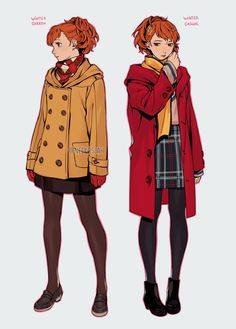 two anime characters with red hair, one wearing a yellow coat and the other in black tights