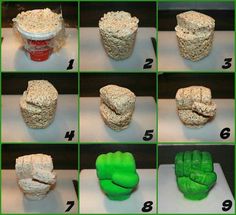 the steps to make a fake hand made out of rice krispy kreme