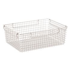 a white wire basket on a white background