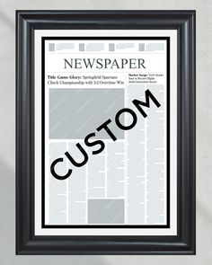 a news paper with the word custom printed on it in black and white, framed against a wall