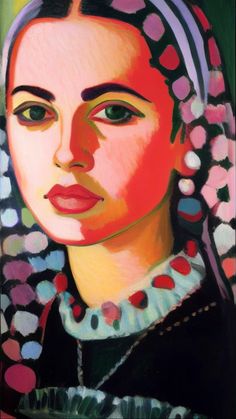 a painting of a woman wearing a colorful headdress with polka dots on her hair