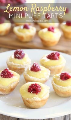 lemon raspberry mini puff tarts on a white plate