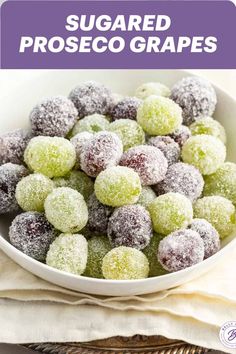 With only 4 ingredients and 5 minutes of prep, plus some chilling in the fridge, these Sugared Prosecco Grapes are that perfect little boozy and festive bite for your next get-together! Prosecco Grapes, Sugared Grapes, Grape Recipes, Grape Salad, Summer Appetizer, Recipes Appetizers And Snacks, Dessert Drinks, Fruit Recipes