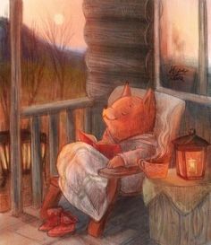 a drawing of a teddy bear sitting on a porch holding a plate with a candle in it