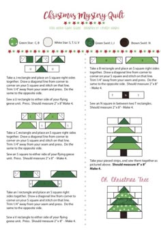 the christmas mystery quilt pattern is shown in green and red, with instructions to make it