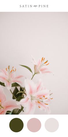 pink lilies and green leaves in a vase with the words satin pine on it