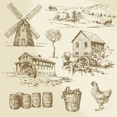 farm scenes with windmills, barrels and chickens hand drawn illustration in vintage engraving style