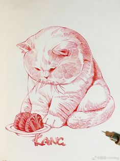 a drawing of a cat sitting on top of a plate with a ball of yarn