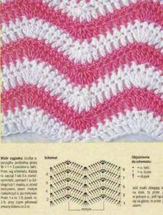 an old crochet pattern with pink and white stripes on it, in the shape of a zigzag