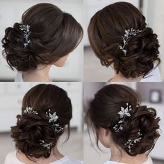 four different views of a woman's hair with flowers in the back and side