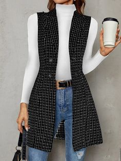 SHEIN Privé Abrigo chaleco de cuadros de doble botonadura de cuello con solapa | SHEIN USA Blazers Outfits For Women, Cardigan Business Casual, Blazers Outfits, Long Vest Jacket, Office Wear Outfit, Womens Plaid Blazer, Women Long Cardigan, Fall Blazer, Vest Cardigan