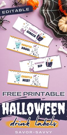 three free printable halloween drink labels on a purple background