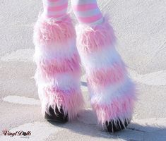 "Striped Light Pink White Rave Fluffies - Made professionally using The softest, fluffiest and longest haired faux fur. They are 19\" long from top to bottom, and flared around the bottom, with an elastic band sewn at the top (can be worn shown out or hidden - tucked in) to keep them from slipping down while you're partying the night out at the club. One size fits most (Stretchy elastic will Fit most calfs, let me know if you think you may need custom size or length). This listing is for the Flu White Faux Fur, Pink Outfits, Kawaii Clothes, Burning Man, Dream Clothes, Kawaii Fashion, Colorful Fashion, Leg Warmers, Pastel Pink