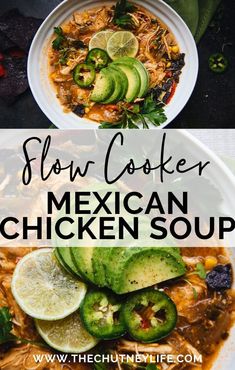 mexican chicken soup with sliced cucumbers and cilantros in a white bowl