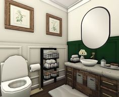 a white toilet sitting next to a bathroom sink under a round mirror on a wall