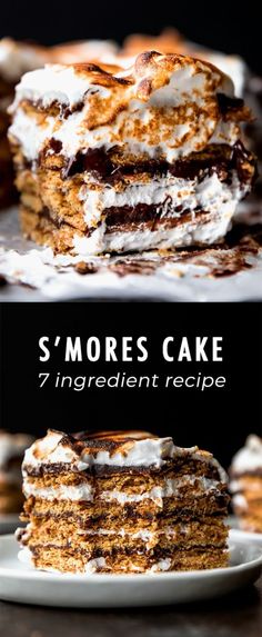 s'mores cake with white frosting and chocolate on top