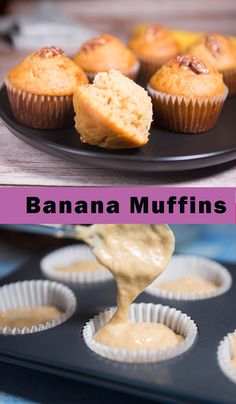 banana muffins with peanut butter being drizzled over them on a black plate