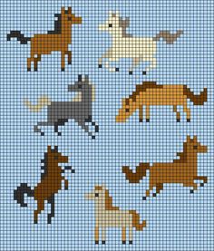 cross stitch horses in different colors on a blue background