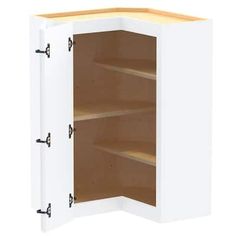 an open cabinet with two shelves and no doors on the front, is shown in white