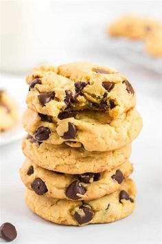 chocolate chip cookies stacked on top of each other