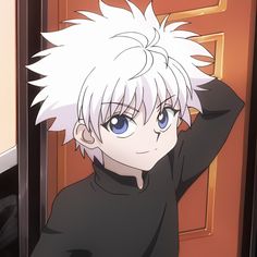 an anime character with white hair and blue eyes standing in front of a door looking at the camera