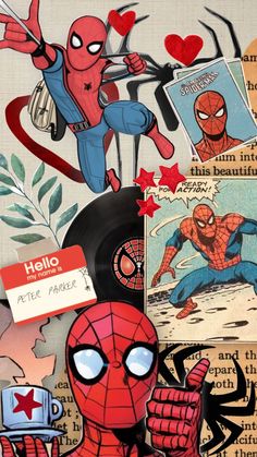 an image of spiderman collaged with comic books and other things in the background